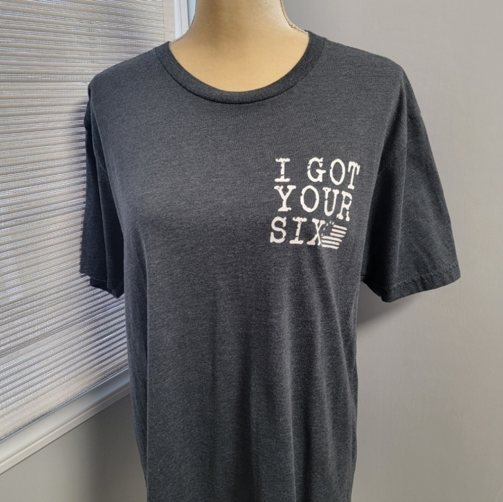 I GOT YOUR SIX Short Sleeve T-Shirt Gray Unisex Size Large Blue Line Flag Police - Picture 2 of 10